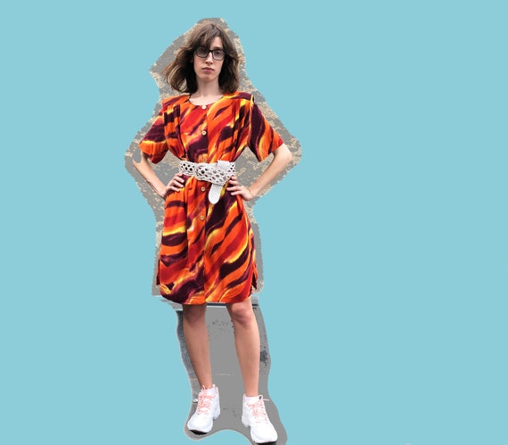 Orange printed dress 1990's / Shirt dress / Short