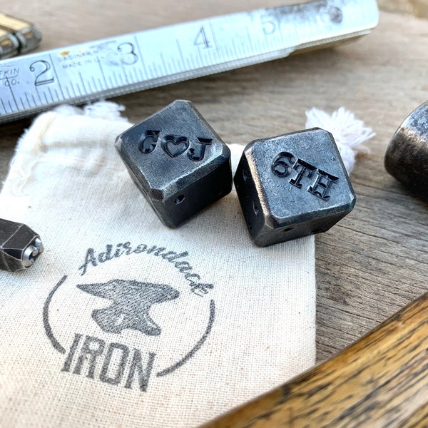 Two Customized Blacksmith Dice! Pair of Personalized gift for men. Gift for him. Hand forged, 6th anniversary, iron anniversary. customize.