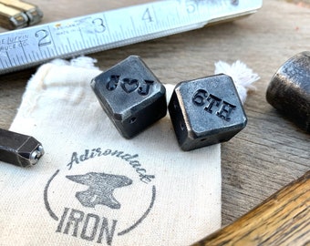 Two Customized Blacksmith Dice! Pair of Personalized gift for men. Gift for him. Hand forged, 6th anniversary, iron anniversary. customize.