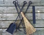 Hand forged fire place tool set. Wrought iron fire poker set, Wall mount, Blacksmith made Reclaimed steel. Shovel, broom, fire poker hearth