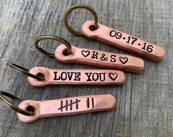 Copper anniversary gift. 7th anniversary keychain for him or her. Personalized key chain