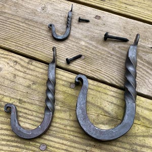 Blacksmith Iron Hooks. Hand Forged in USA, twisted wrought iron hardware small medium or large