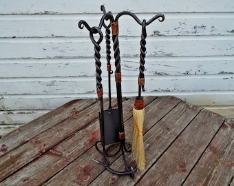 Blacksmith forged fireplace tool set. Heirloom quality hand forged wrought iron poker. Hammer copper broom poker shovel fire place decore