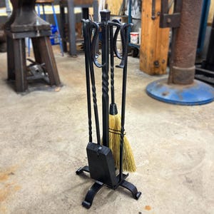 Hand Forged Fireplace Tool Set. Four Pieces with floor stand.