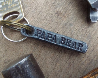 Iron PAPA BEAR Keychain. Blacksmith forged steel key chain customizable gift for fathers and dad personalized