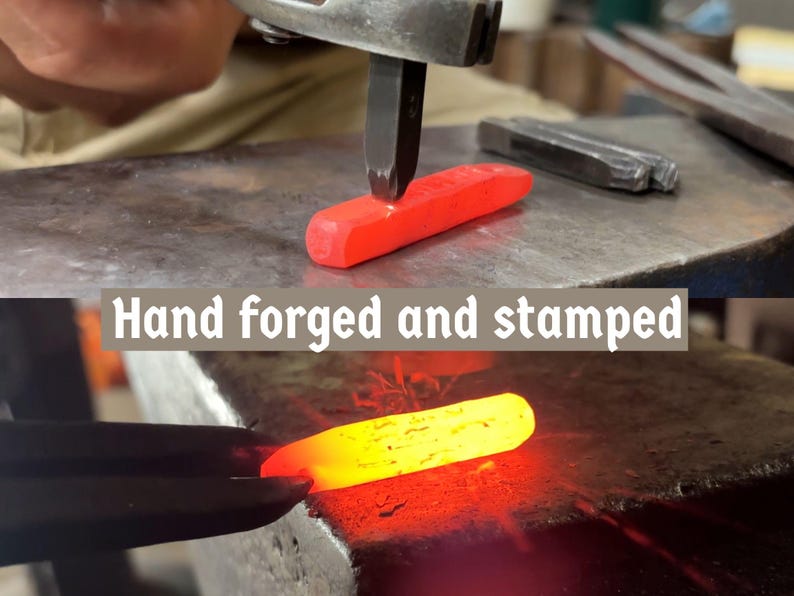 May include: A blacksmith forges a piece of red-hot metal with a hammer and stamp. The text "Hand forged and stamped" is displayed. The image shows the process of metalworking, highlighting the heat and force involved in the craft.