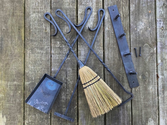 Hand Forged Fireplace Tool Set, Wrought Iron, Blacksmith Made