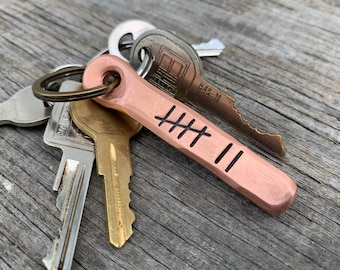 7 Tally Marks Copper Anniversary Key Chain Gift. 7th anniversary iron keychain present copper