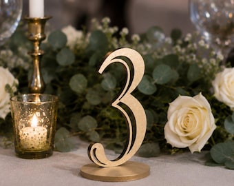 Gold Wedding Table Numbers with Base, Custom Elegant Wedding Table Decor , Wooden Laser Cut Table Numbers , Rustic Event