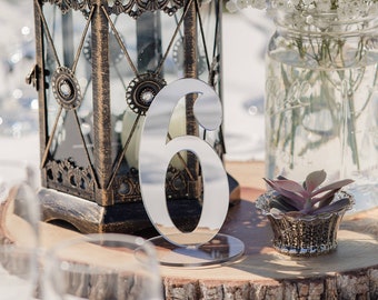 Mirror Acrylic Table Numbers.Silver  Mirror Table Numbers-Table Numbers with base-Please Send your phone number in the "NOTE to the seller"