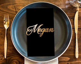 Nombres cortados con láser en madera personalizados, tarjetas de lugar doradas, configuraciones de nombre, etiquetas para invitados, letreros de mesa para fiestas de bodas, tarjetas de invitación y acompañantes, madera personalizada