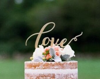 Gold 'Love' Wedding Cake Topper - Trendy Font , Wooden Cake Decor