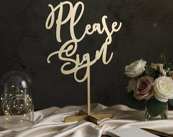 Please Sign Wedding Guest Book Sign, Personalized Wooden Table Sign, Elegant Wedding Decor, Bride & Groom