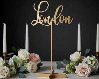 Wedding Table Names with Base, Wooden Table Signs, Custom Words , Cities , Countries , Names , Laser Cut Table Numbers , Centerpiece Decor