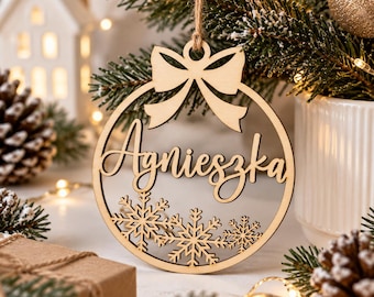Personalized Wooden Christmas Ornament, Custom Name Christmas Bauble, Laser Cut Wood Tree Decoration, Rustic Holiday Keepsake