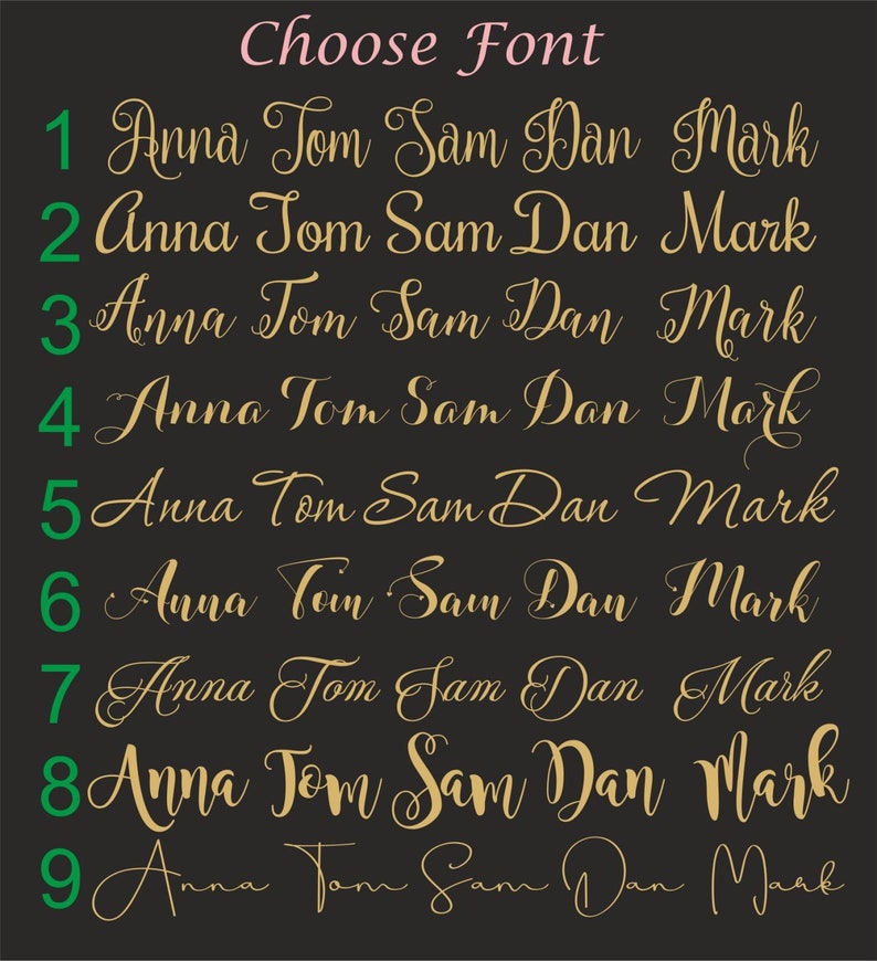 Puede incluir: Se muestran nueve estilos de fuente diferentes en dorado sobre un fondo negro. Los nombres Anna, Tom, Sam, Dan y Mark est&aacute;n escritos en cada estilo de fuente. Los estilos de fuente est&aacute;n numerados del 1 al 9.