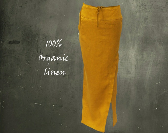 organic linen maxi pencil skirt, long pencil skirt with slit, certified organic linen skirt