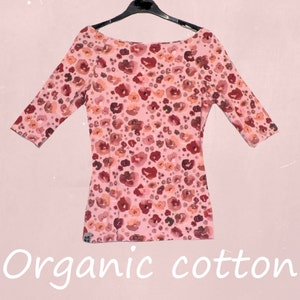Camiseta estampado flores con cuello barco/camiseta cuello barco estampado flores algodón orgánico
