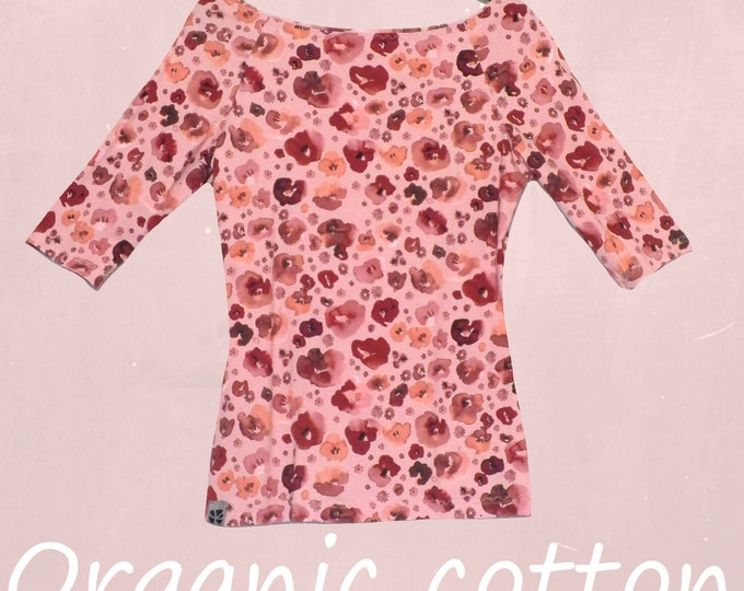 romantic flower printed T shirt with boatneck