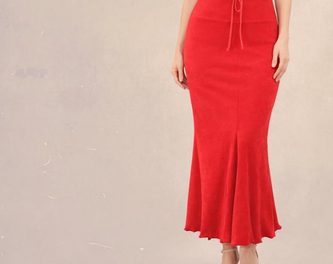 velvet maxi  pencil skirt with ruffles and scalloped hem