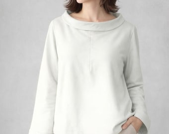 Suéter de corte A con cuello barco de algodón orgánico suave cepillado para correr / Suéter de corte A con cuello barco de algodón orgánico suave y felpa
