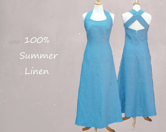 linen summer dress, long summer dress, beach dress, long beach dress, linen chambray dress, long linen dress