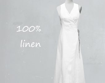 Leinenkleid, Wickel-Maxikleid aus Bio-Leinen, langes Wickelkleid aus Bio-Leinen, recycelbar, bereit zum Recycling, nachhaltige Mode