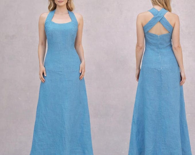 linen summer dress, long summer dress, beach dress, long beach dress, linen chambray dress, long linen dress