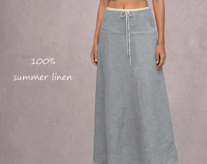 long linen skirt, long wide summer skirt, long beach skirt, chambray linen skirt