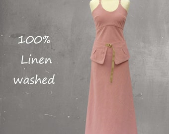 strapless  linnen maxi jurk met losse heupriem, strapless linen summer dress with separate belt