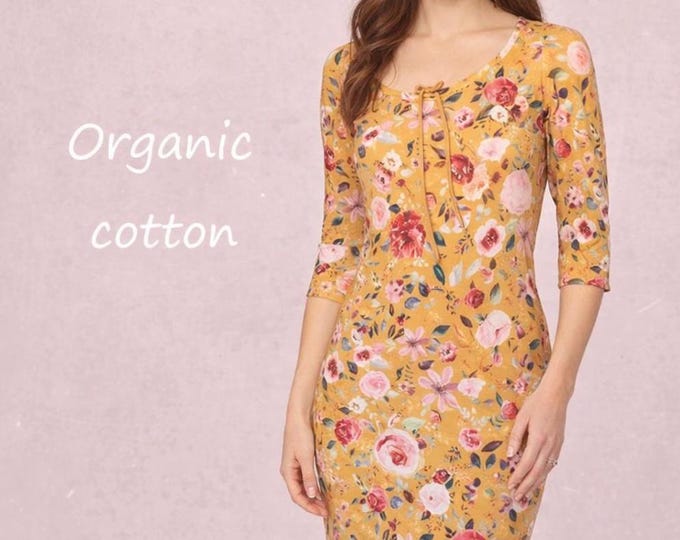 flower printed T shirt pencil dress organic cotton/ fair trade clothing, sustainable clothing
