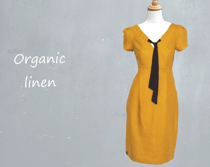 organic linen dress with black tie, linen party dress, GOTS certified linen dress