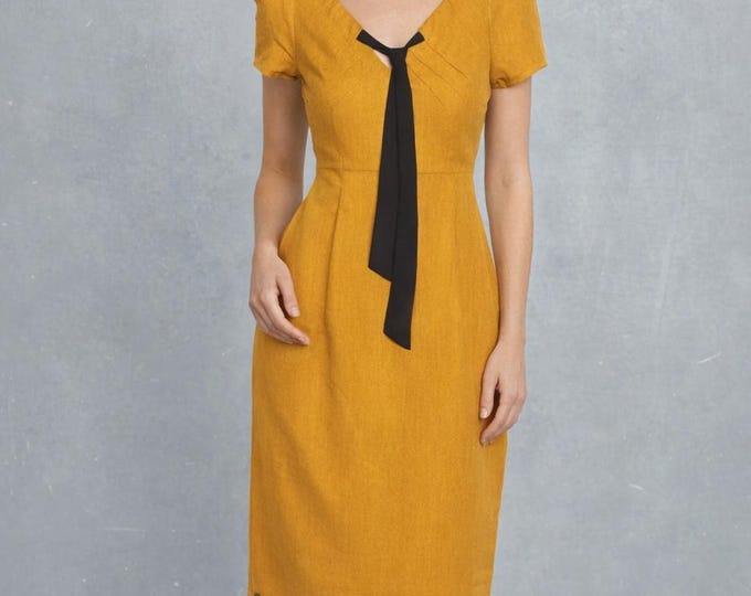 organic linen dress with black tie, linen party dress, GOTS certified linen dress