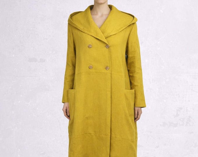 Linen hooded coat with large pockets