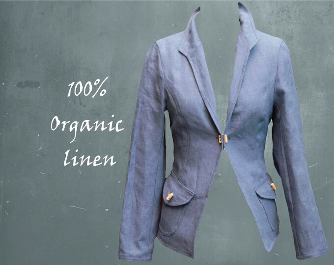 organic linen jacket, blazer, jacket biological linen, handmade jacket, recyclable jacket, ready for recycling jacket