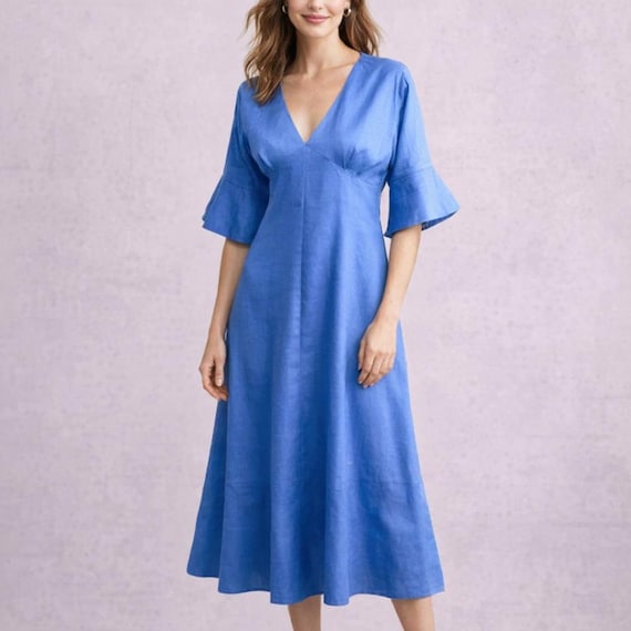 midi dress with kimono sleeves in linen-cotton mix midi dress with kimono sleeves in linen-cotton mix