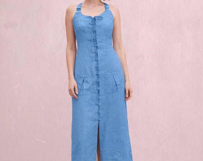 linen overall dress, long summer dress, long Amarican jumper dress, beach dress linen chambray