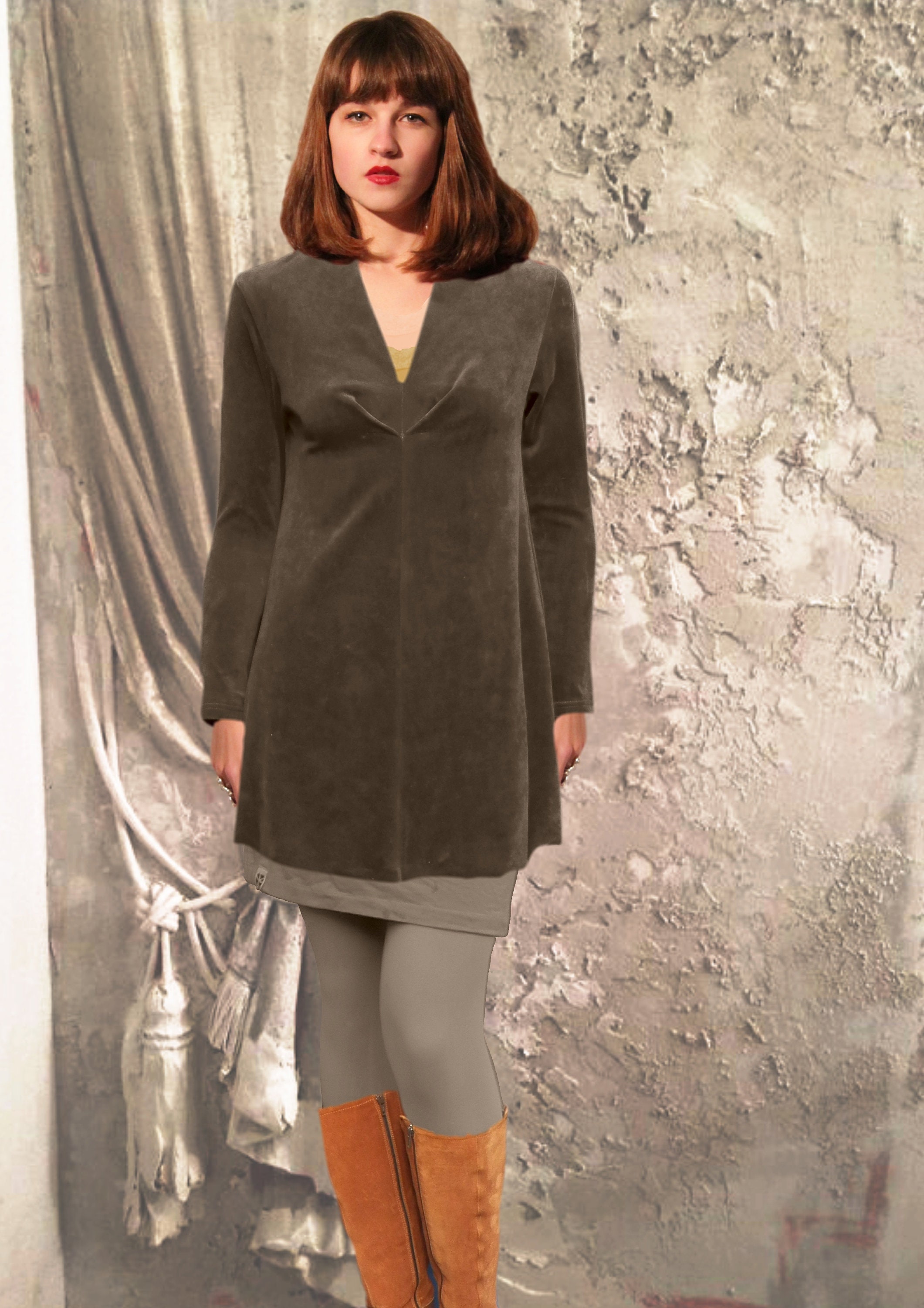 Women's Pleated Grey V-Neck Structured Top