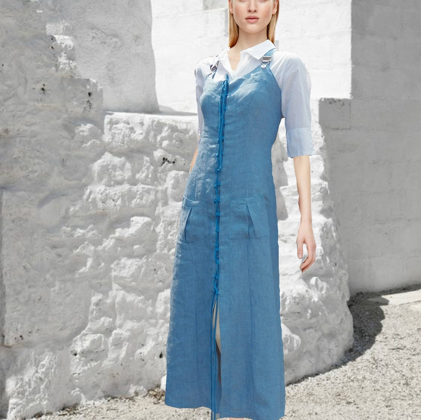 linen overall dress, long summer dress, long Amarican jumper dress ...