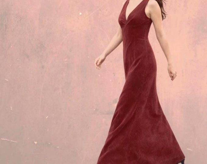 velours maxi pencil dress with pleated V neckline