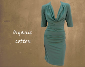 organic cotton dress, tricot jurkje met drape hals organische katoen, jurk biologische katoen, fair trade clothing, fair fashion
