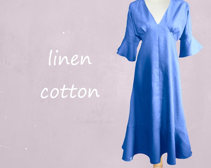 midi dress with kimono sleeves in linen-cotton mix