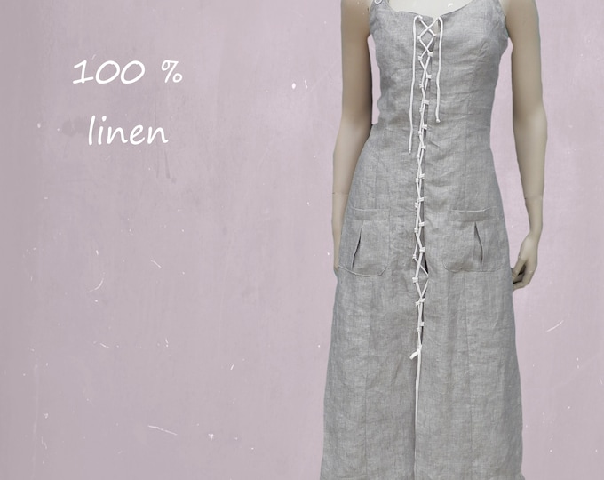 linen overall dress, long summer dress, long Amarican jumper dress, beach dress linen chambray