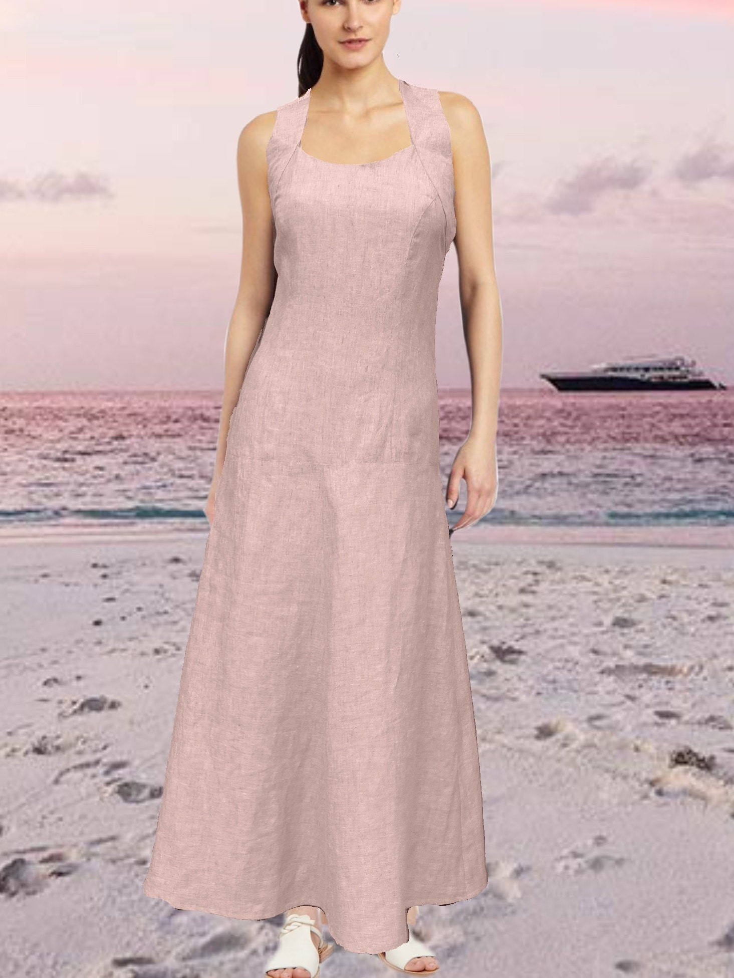 linen summer dress, long summer dress, beach dress, long beach dress, linen chambray dress, long