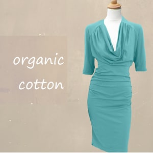 organic cotton dress drape neckline, tricot dress deep neck line, sustainable clothing, fair trade clothing