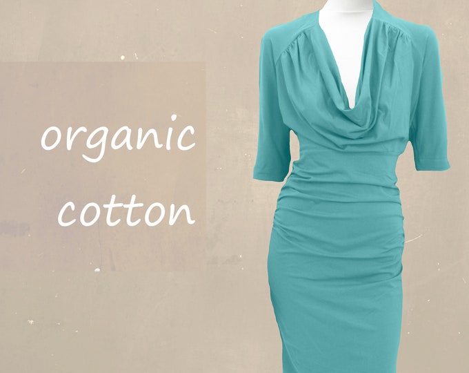 organic cotton dress drape neckline, tricot dress deep neck line, sustainable clothing, fair trade clothing