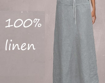 long linen skirt, long wide summer skirt, long beach skirt, chambray linen skirt