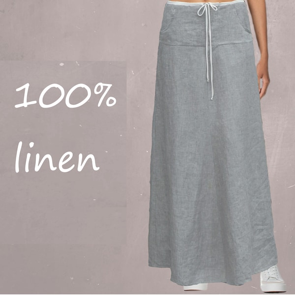 long linen skirt, long wide summer skirt, long beach skirt, chambray linen skirt