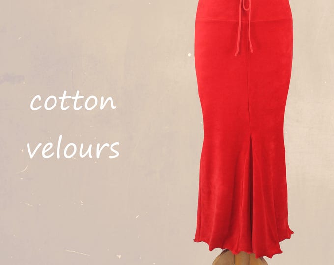 velvet maxi  pencil skirt with ruffles and scalloped hem