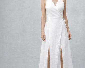 linen dress, organic linen wrap maxi dress, lange overslag jurk biologische linnen, recyclable, ready for recycling, sustainable fashion